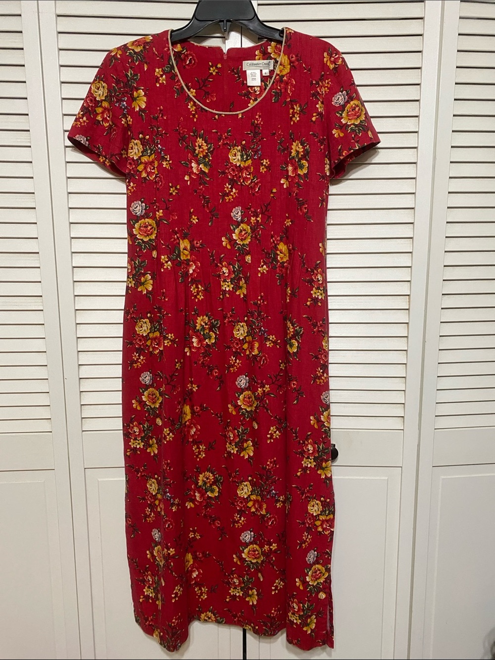 Coldwater Creek Red Floral Midi Dress with Yellow Rose Accents